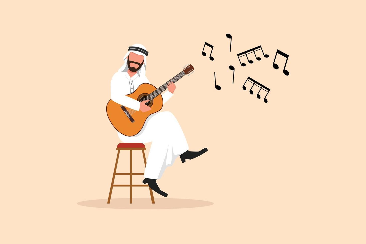 Business flat drawing young Arab man character sitting and playing acoustic guitar. Arabian male playing strings at musical performance. Professional musician. Cartoon draw design vector illustration