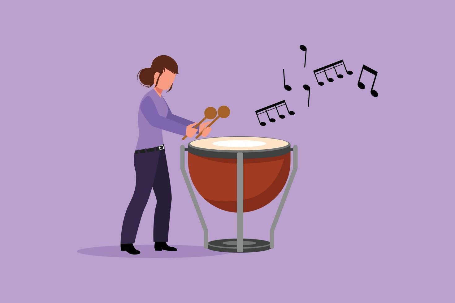 Business flat drawing female percussion player play on timpani. Woman performer holding stick and playing musical instrument. Musical instrument timpani. Cartoon character design vector illustration