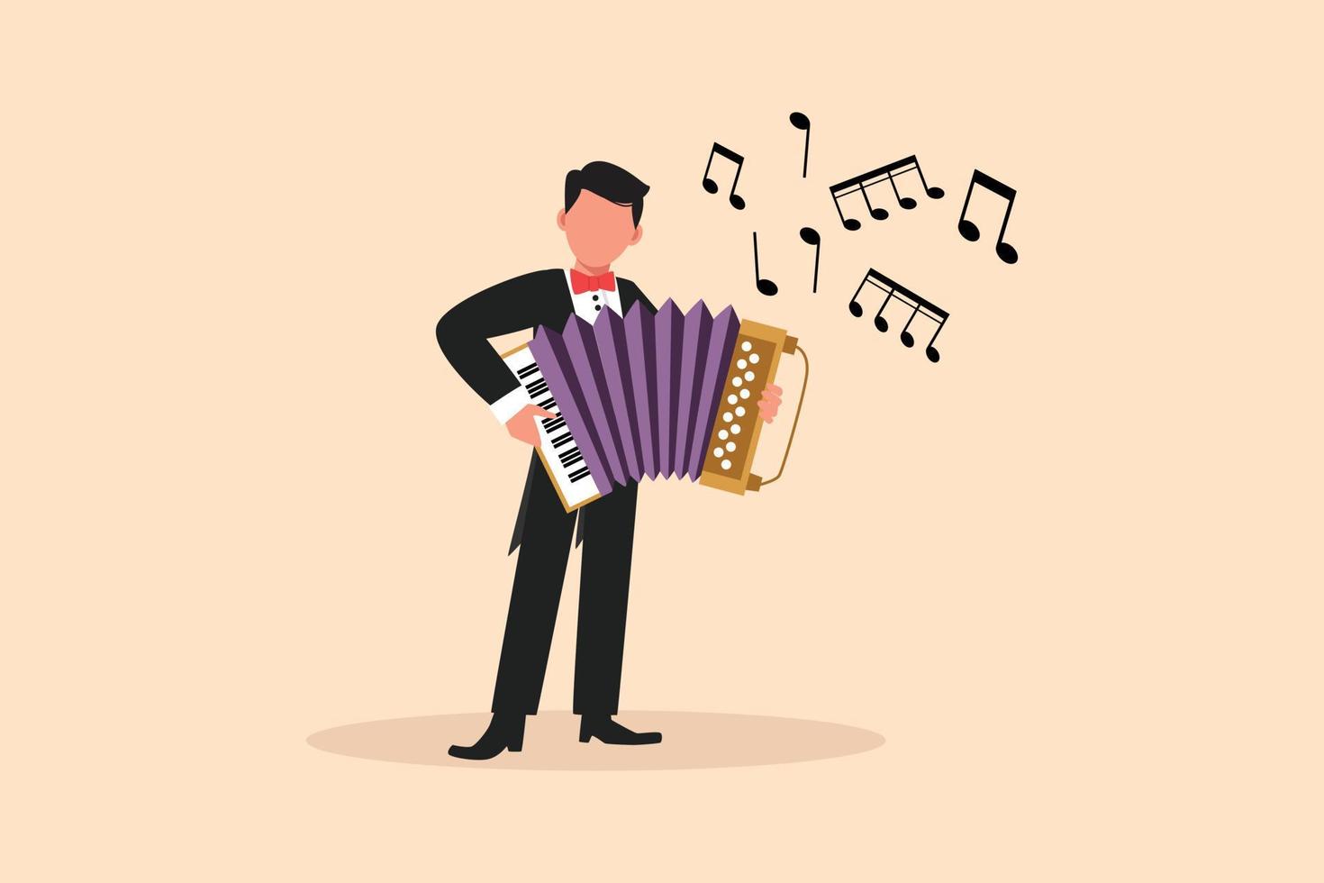 Business flat drawing man musician character playing accordion. Male performer plays acoustic musical instrument. Accordionist perform playing music instrument. Cartoon design vector illustration