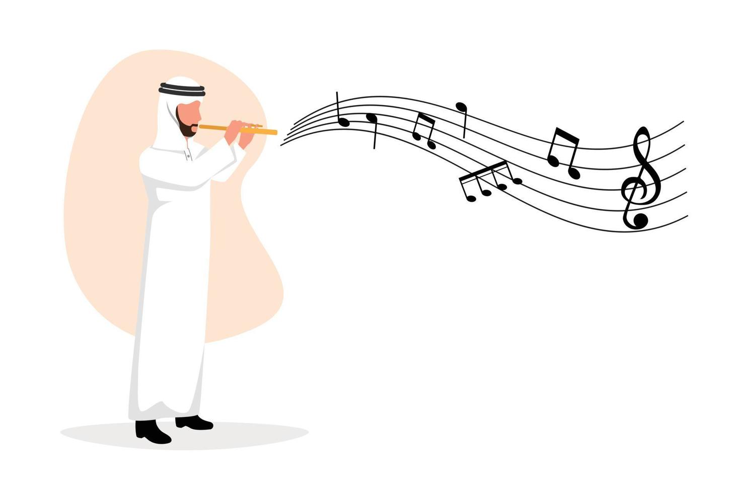 Business flat cartoon drawing Arabian male musician playing flute. Flutist performing classical music on wind instrument. Solo performance of talented flautist. Graphic design vector illustration