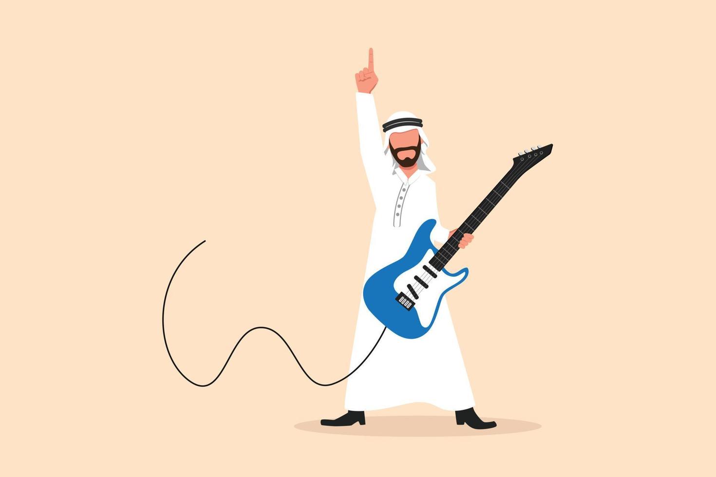 Business flat cartoon style drawing Arab male musician plays electric guitar. Man practicing in playing guitar. Guitarist perform playing music instrument on stage. Graphic design vector illustration