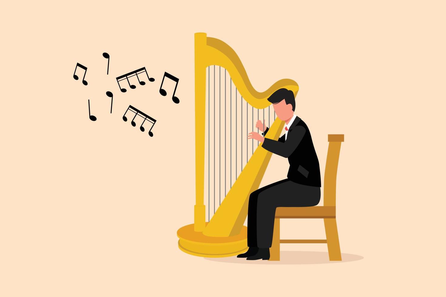 músico de hombre de dibujo de estilo plano de negocios tocando el arpa. personaje de intérprete de música clásica con instrumento musical. hombre sentado en una silla y tocando el arpa. ilustración de vector gráfico de diseño de dibujos animados