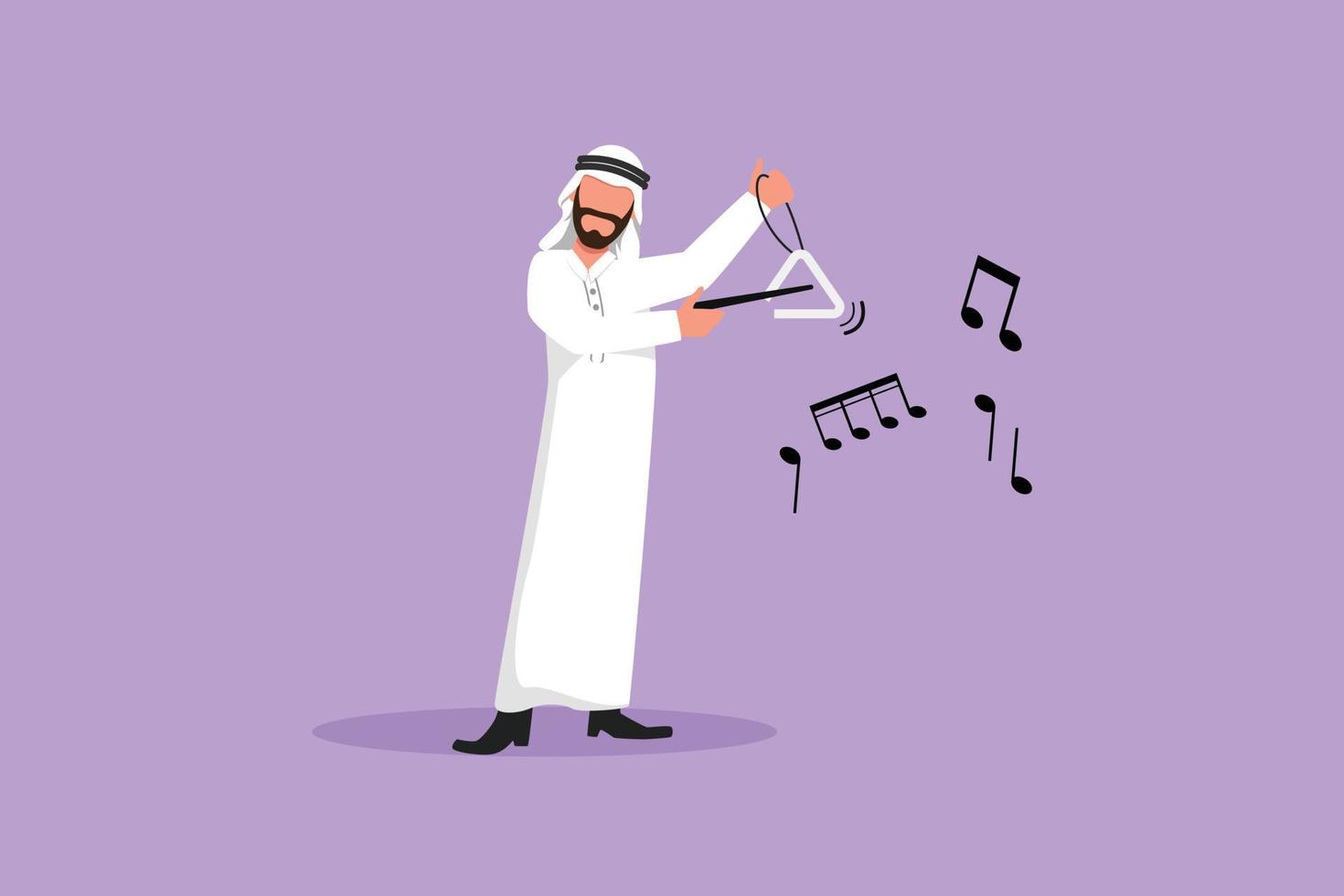 Business design drawing Arabian male musician playing musical triangle. Classical music orchestra man artist with instrument. Professional musician performs on stage. Flat cartoon vector illustration