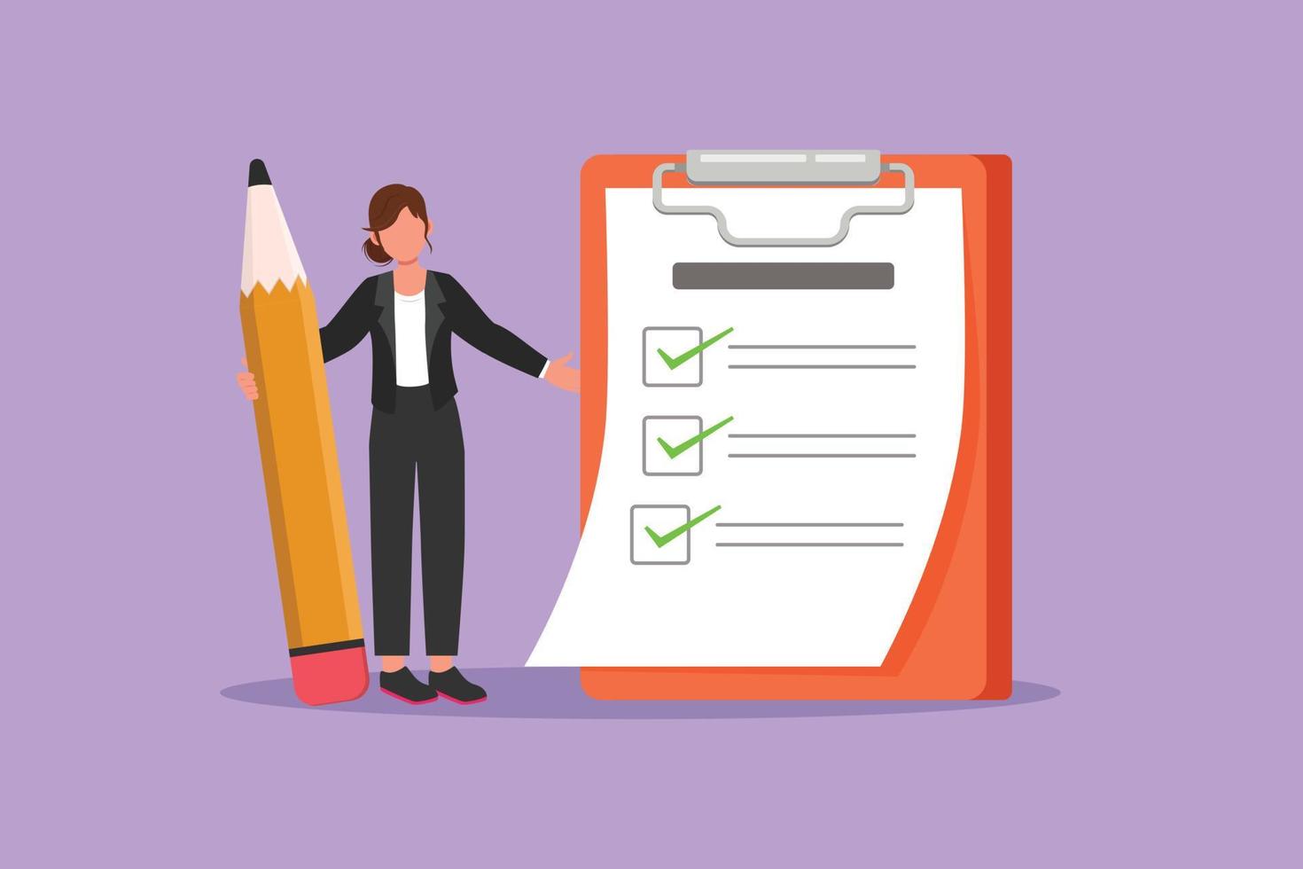 Character flat drawing of happy beautiful businesswoman standing with big pencil, clipboard, checklist completed. Business success completed plan. Business metaphor. Cartoon design vector illustration