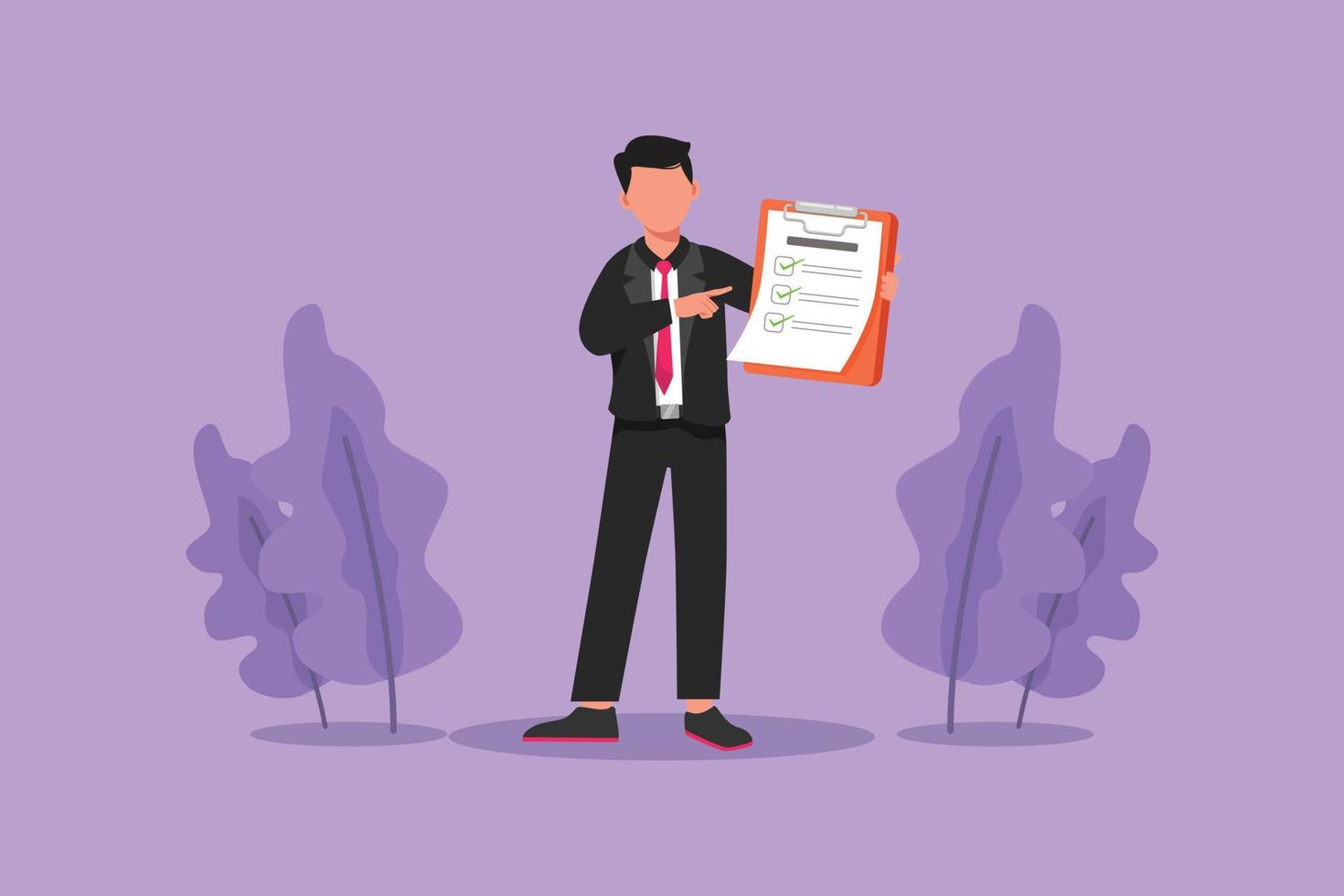 Character flat drawing active businessman standing and pointing to checklist clipboard. Office worker in formal wear. Young employee completed task, questionnaire. Cartoon design vector illustration