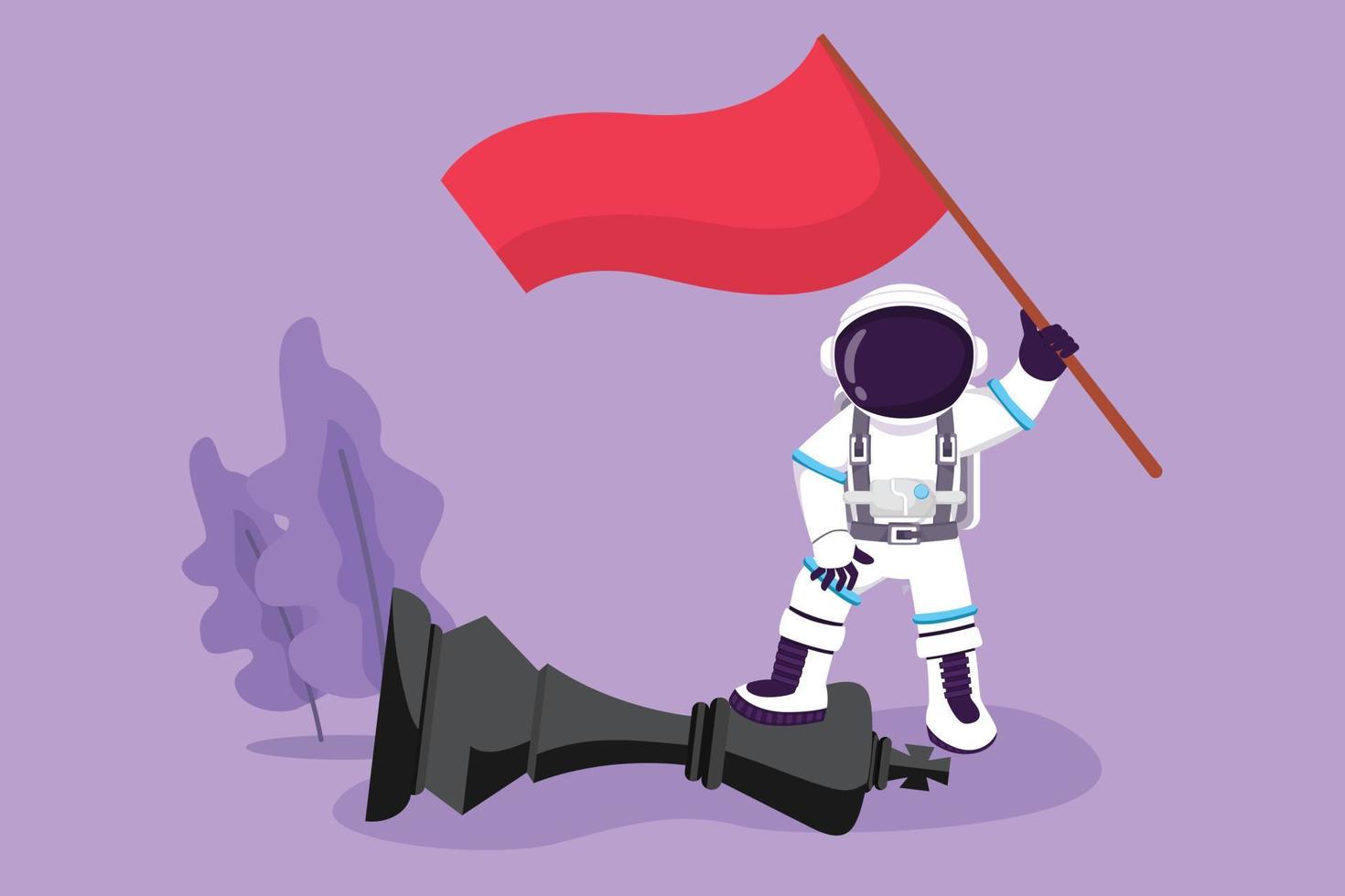 Graphic flat design drawing young astronaut steps on big chess king piece while waving the victory flag in moon surface. Winning game. Cosmonaut outer space concept. Cartoon style vector illustration