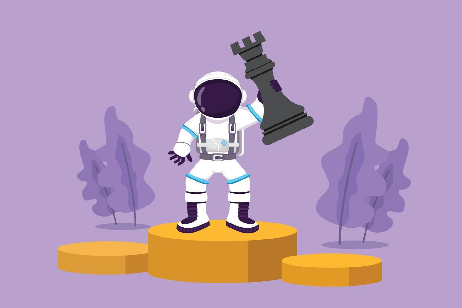 Character flat drawing young astronaut holding and lifting rook chess piece at first champions stage in moon surface. Superiority game player. Cosmonaut deep space. Cartoon design vector illustration