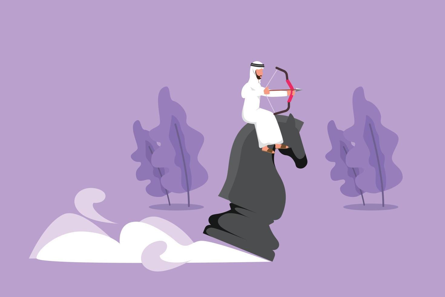 Graphic flat design drawing precise Arab businessman holding archery aiming target while riding chess knight piece, strategic competition. Success business manager. Cartoon style vector illustration