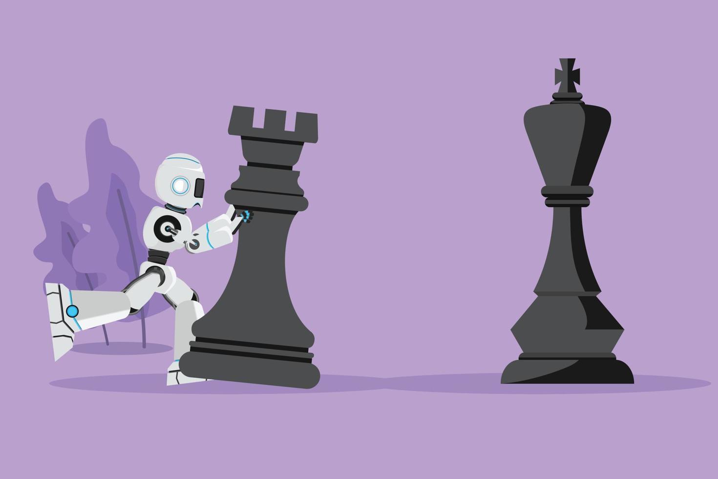Graphic flat design drawing robot push huge rook chess piece to beat king. Strategic movement in winning game. Future technology development. Artificial intelligence. Cartoon style vector illustration