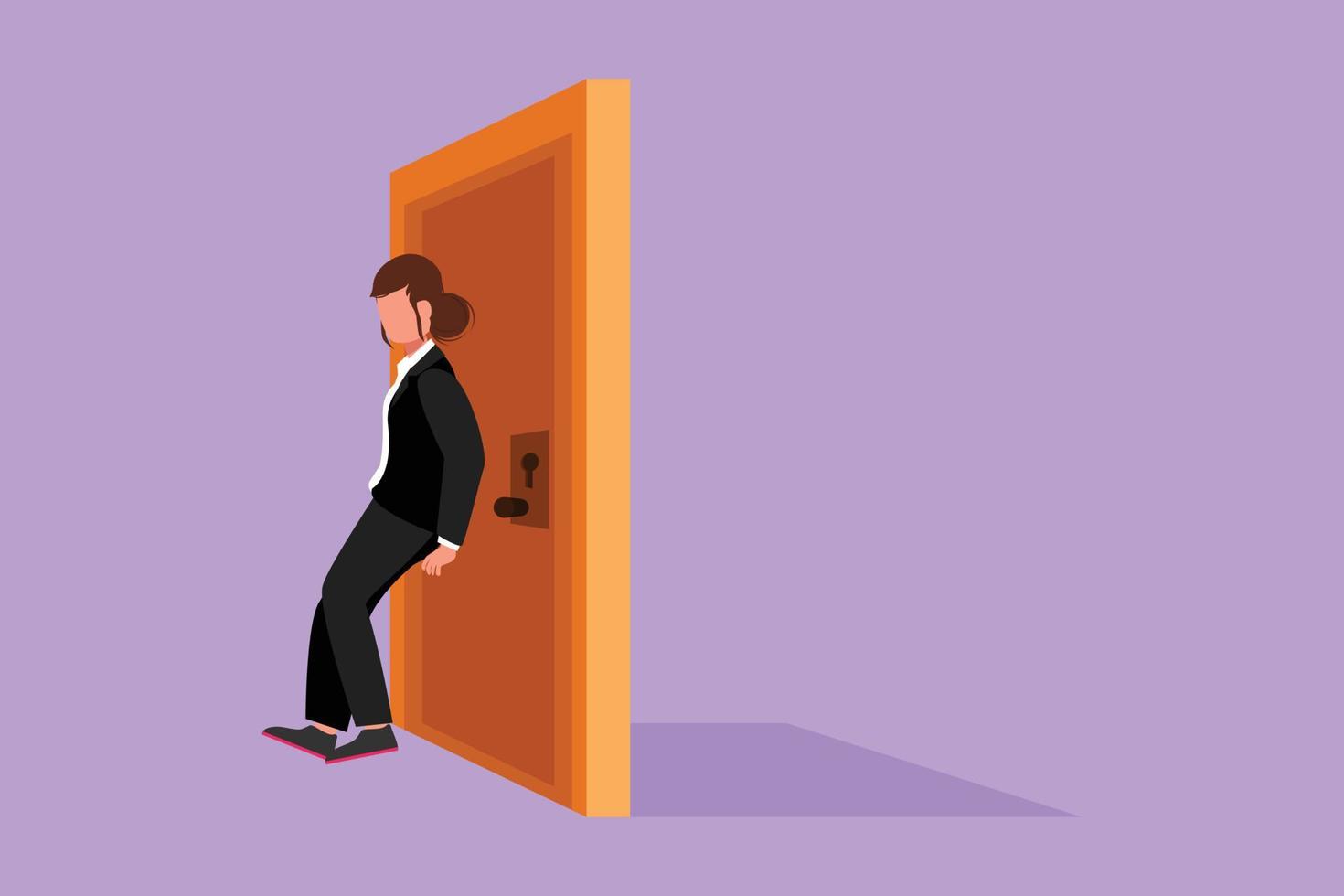 Cartoon flat style drawing of businesswoman pushing door with her back. Business struggles metaphor. Strength for success. Business concept of overcoming obstacles. Graphic design vector illustration