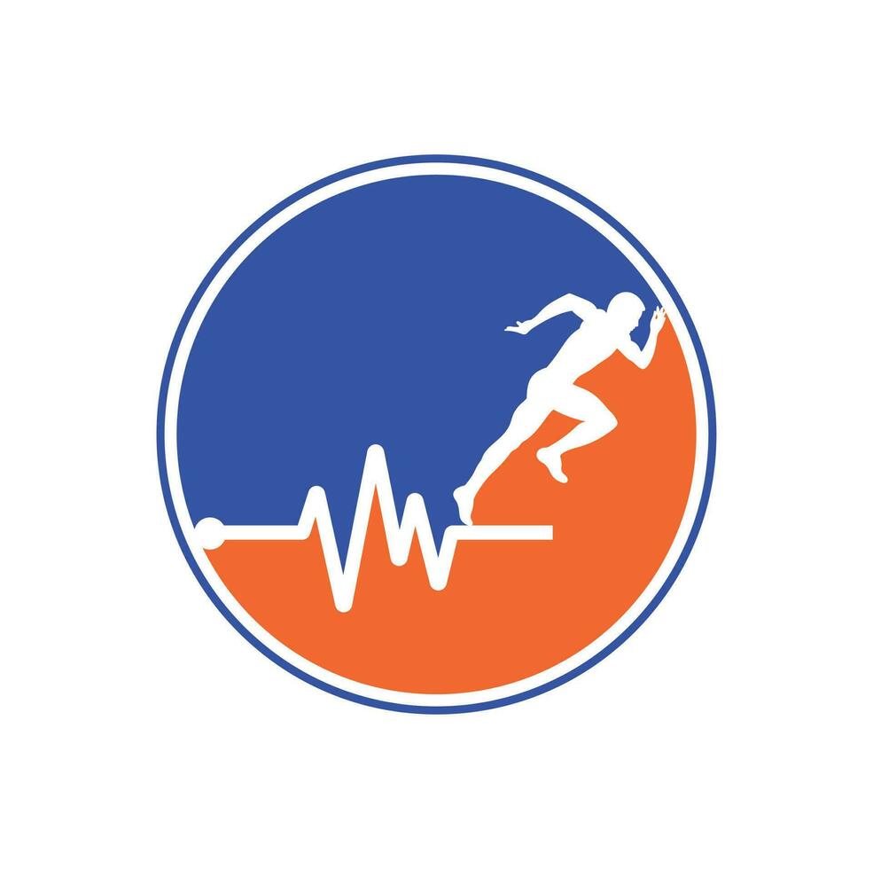 vector de icono de diseño de logotipo de maratón de pulso. diseño del logotipo de cuidado de la salud corporal. hombre corriendo con el icono del latido del corazón del ecg de línea.