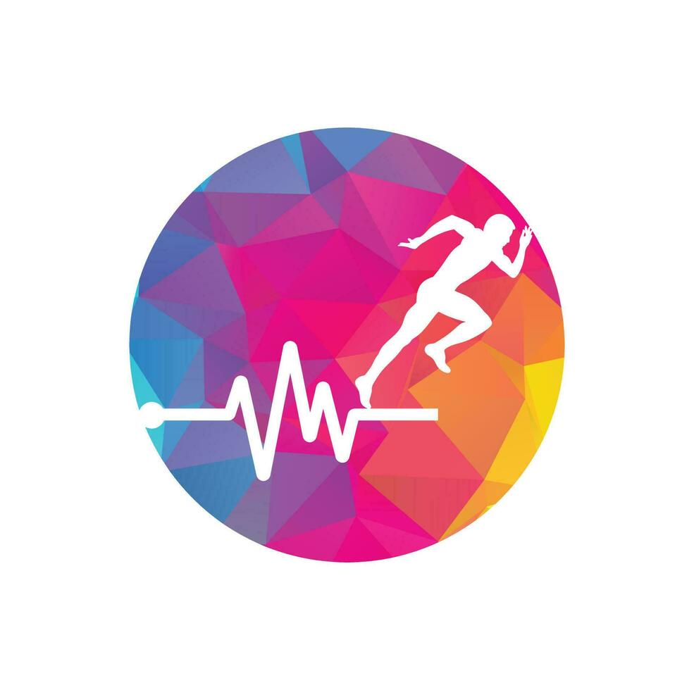 vector de icono de diseño de logotipo de maratón de pulso. diseño del logotipo de cuidado de la salud corporal. hombre corriendo con el icono del latido del corazón del ecg de línea.