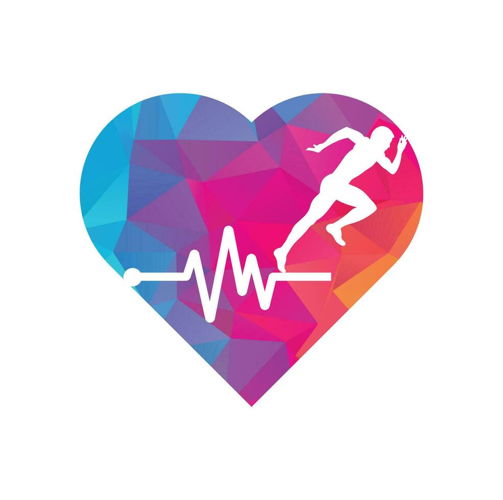 vector de icono de diseño de logotipo de concepto de forma de corazón de maratón de pulso. diseño del logotipo de cuidado de la salud corporal. hombre corriendo con el icono del latido del corazón del ecg de línea.