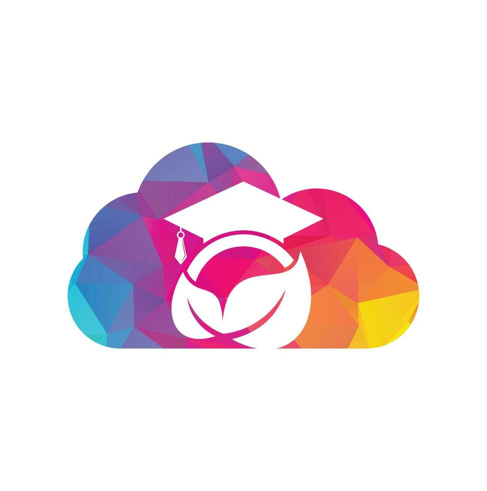 plantilla de logotipo de vector de concepto de forma de nube de estudiante de naturaleza. hoja con diseño de icono de vector de plantilla de logotipo de sombrero de graduación.