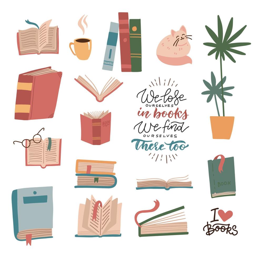 Books and reading elements set. Stack of books, textbooks, cute cat, houseplant, cup. Bundle of decorative design with lettering quotes isolated on white background. Flat cartoon vector illustration.