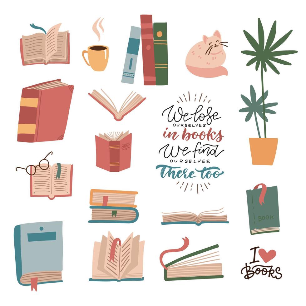 conjunto de libros y elementos de lectura. pila de libros, libros de texto, lindo gato, planta de interior, taza. paquete de diseño decorativo con citas de letras aisladas sobre fondo blanco. ilustración vectorial de dibujos animados plana. vector