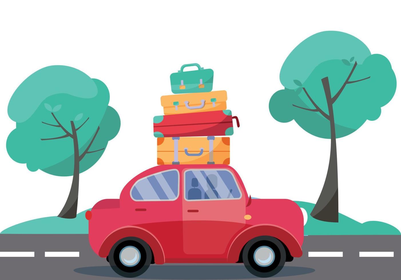 Red car with baggage on the roof. Summer family traveling by car. Flat cartoon vector illustration. Car Side View With stack of suitcases on background of green trees. Many bags on the top of vehicle