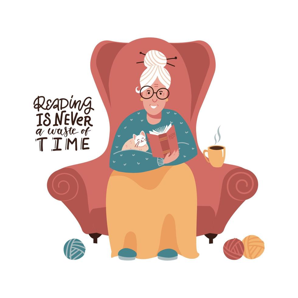 Cute old lady is sitting in a red armchair and reading a book. Vector flat hand drawn illustration. reading is never a waste of time - lettering quote.