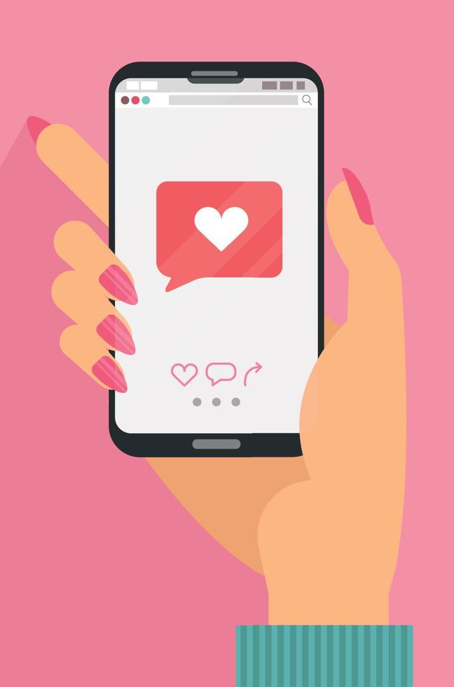 Like mobile mobile concept. Female hand holding smartphone with heart emoji message on screen, like button. Love confession, like. Social network and mobile device. Flat cartoon vector illustration.