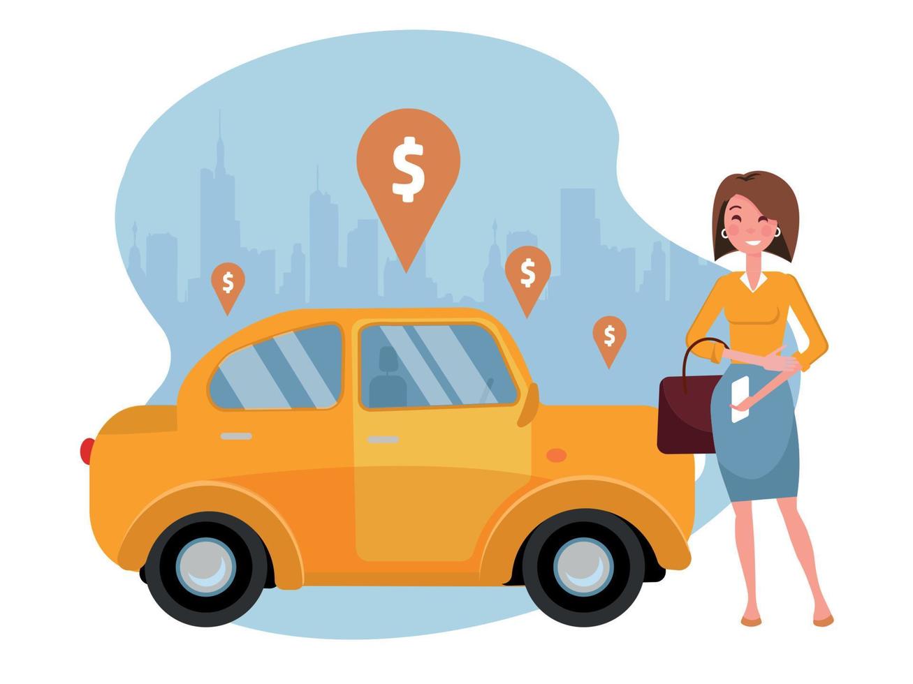 Young woman requesting ride on cell phone. Rent a car using mobile app. Online carshering concept. Yellow car on background of silhouette of city and geolocation sign.Vector flat cartoon illustration vector