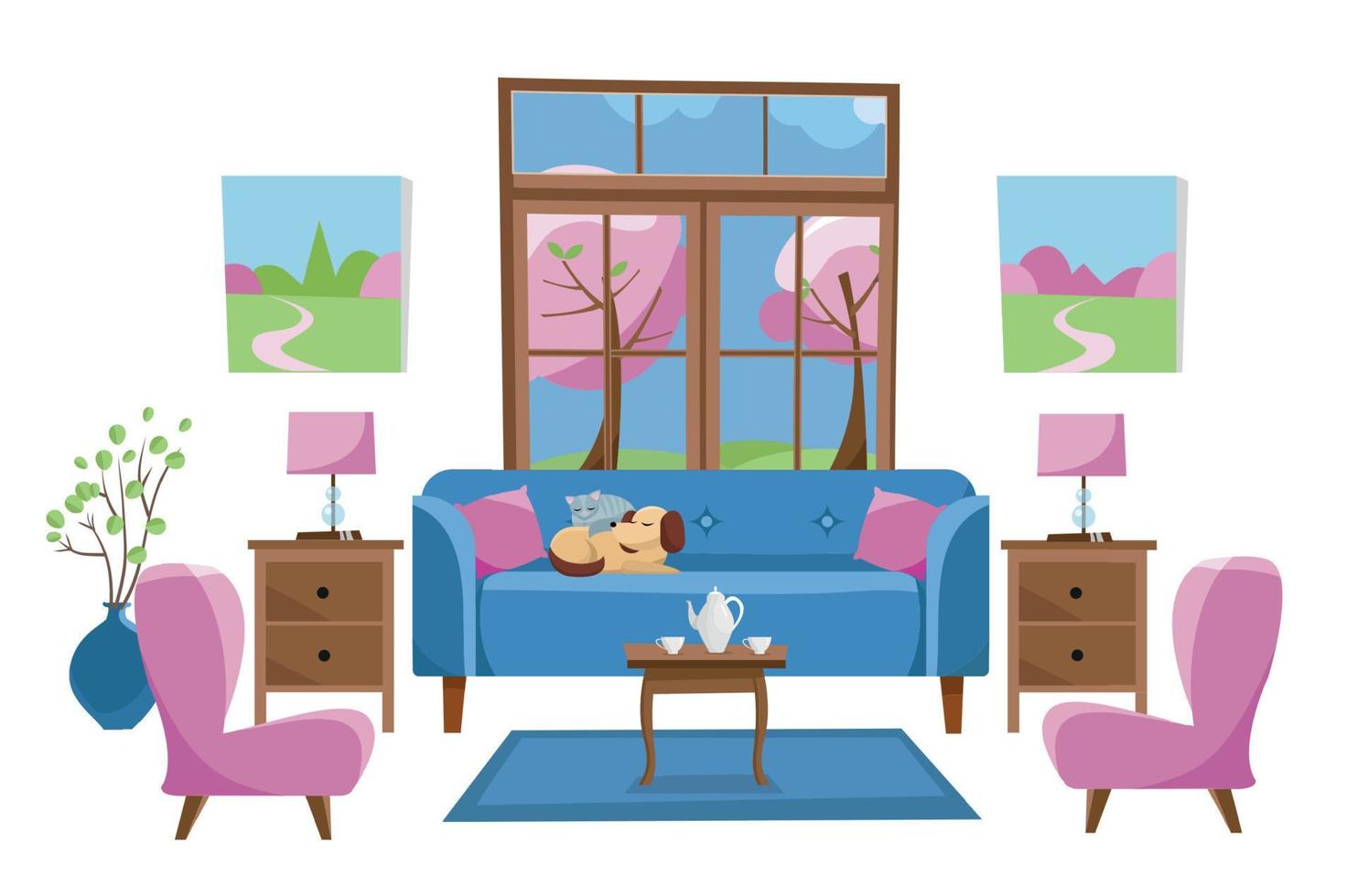 Living room furniture in bright colors on white background. Blue sofa with table, stands, lamps, carpet, porcelain set, soft chairs in room with large window. Outside spring trees. Flat cartoon vector