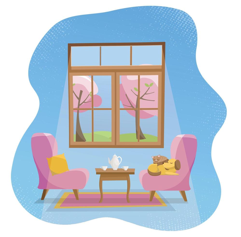 interior de la sala de estar del hogar de concepto plano y acogedor. sillones suaves de color rosa con mesa y mascotas dormidas en la habitación con ventana grande.fuera de la naturaleza soleada de primavera con árboles florecientes.ilustración plana de vectores de dibujos animados