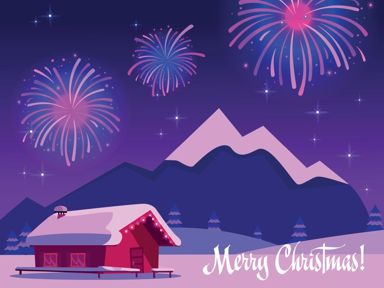 Flat vector illustration of fireworks over the mountain landscape with a one-story country house. Greeting card with the inscription merry christmas in purple-pink colors. Holiday at the ski resort.