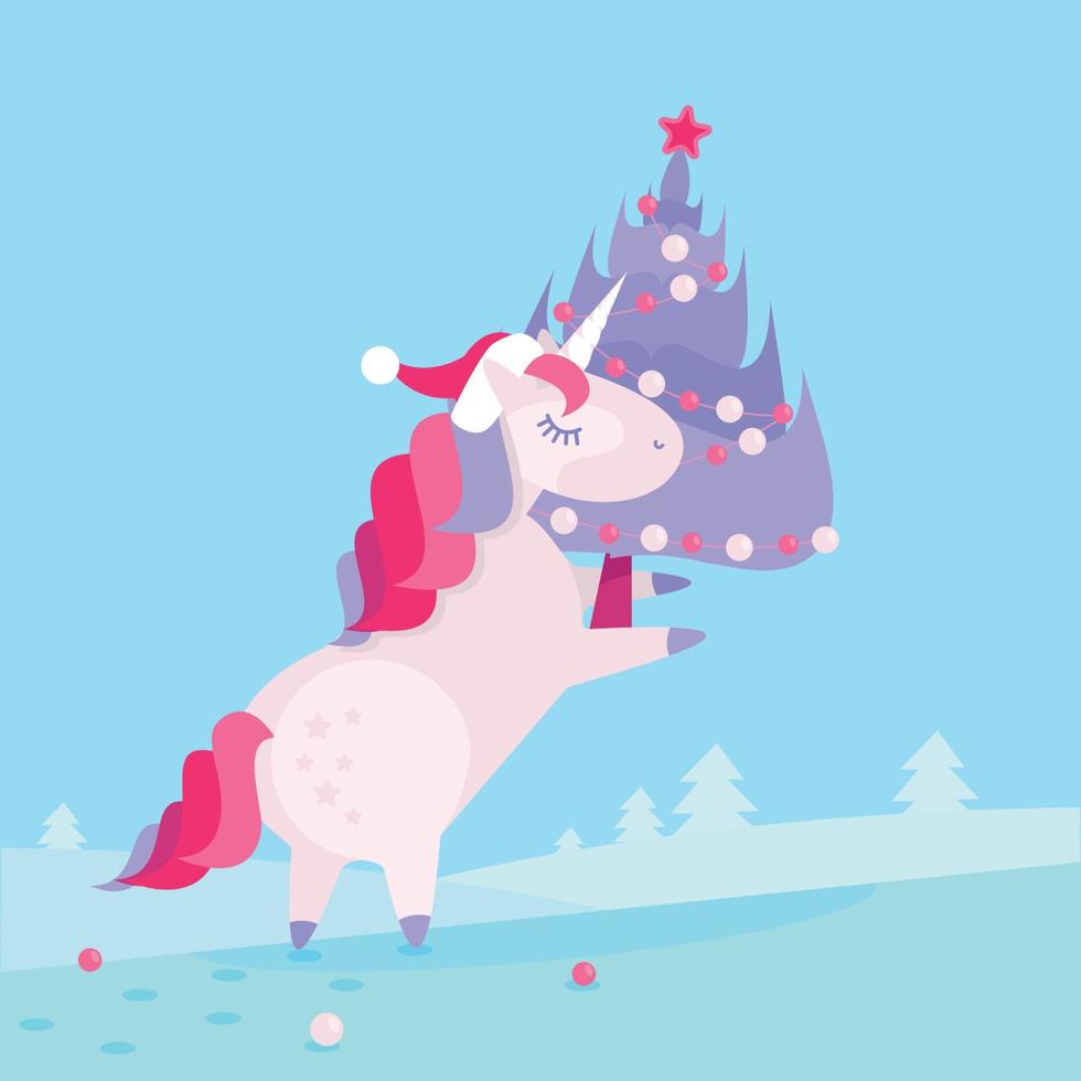 A Christmas unicorn in a Santa Claus hat carries a decorated Christmas tree home. Gentle pink and blue colors. Flat cartoon style illustration. vector