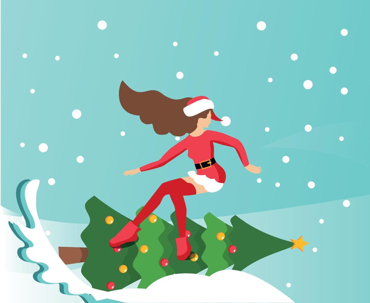 Flat illustration in vector slender girl in traditional suit of Santa Claus snowboards on new year's decorated Christmas tree. Handwritten Christmas is coming. Greeting card with place for text.