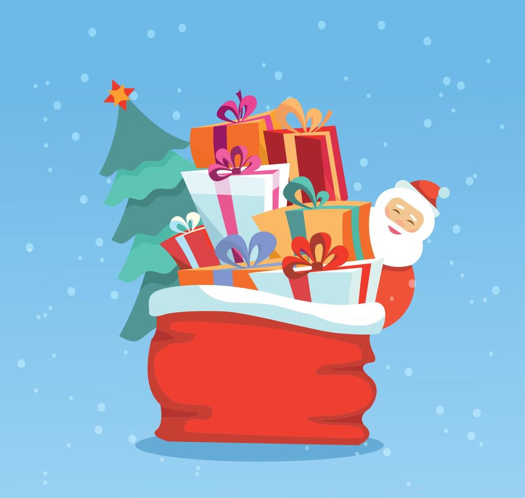 Santa Claus with a huge bag of gifts for Christmas. Big red bag with a pile of gift boxes and Christmas tree on a blue background with snowflakes. Flat cartoon style vector illustration.