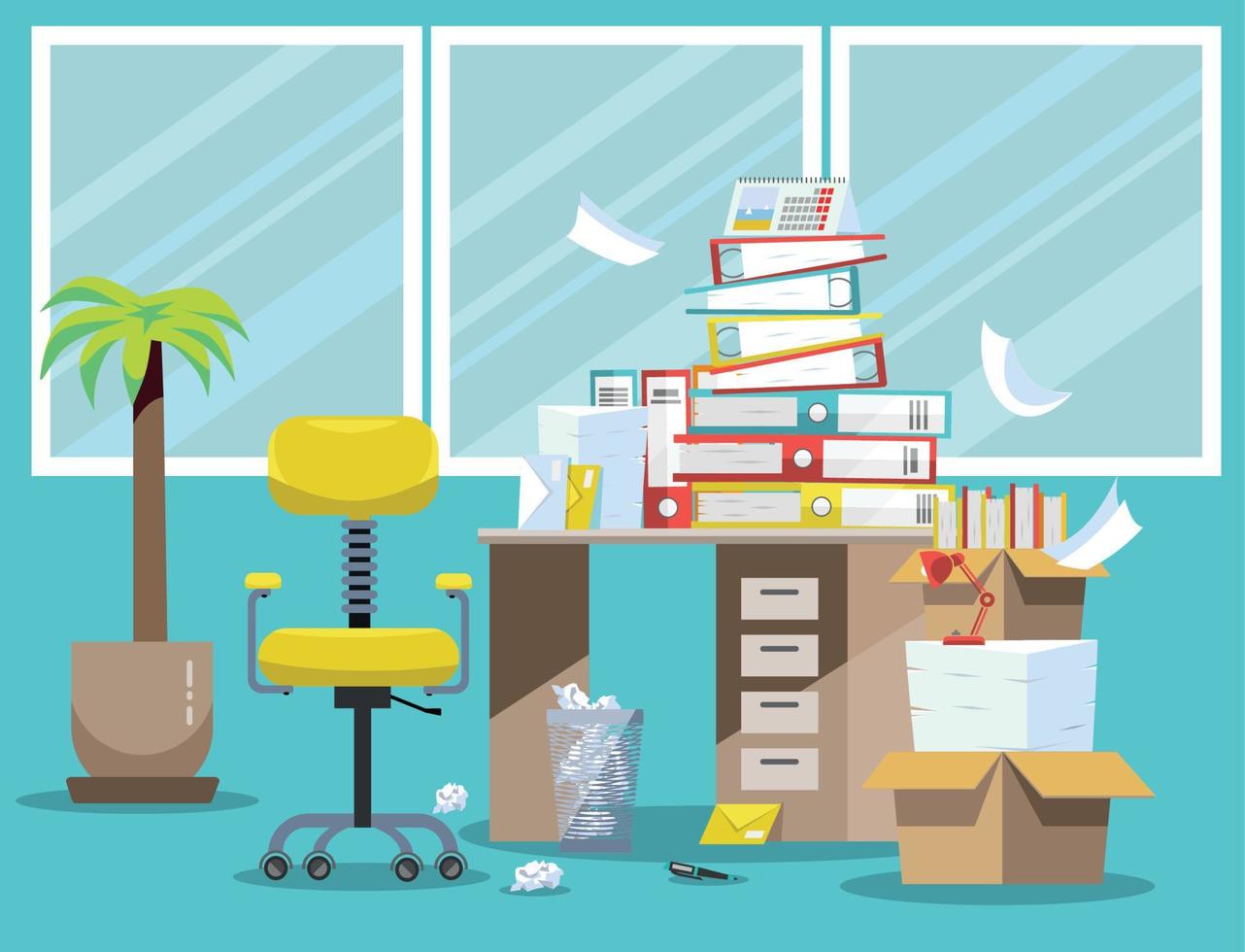 Period of accountants and financier reports submission. Pile of paper documents and file folders in cardboard boxes on office table. Flat vector illustration windows, chair and waste-basket