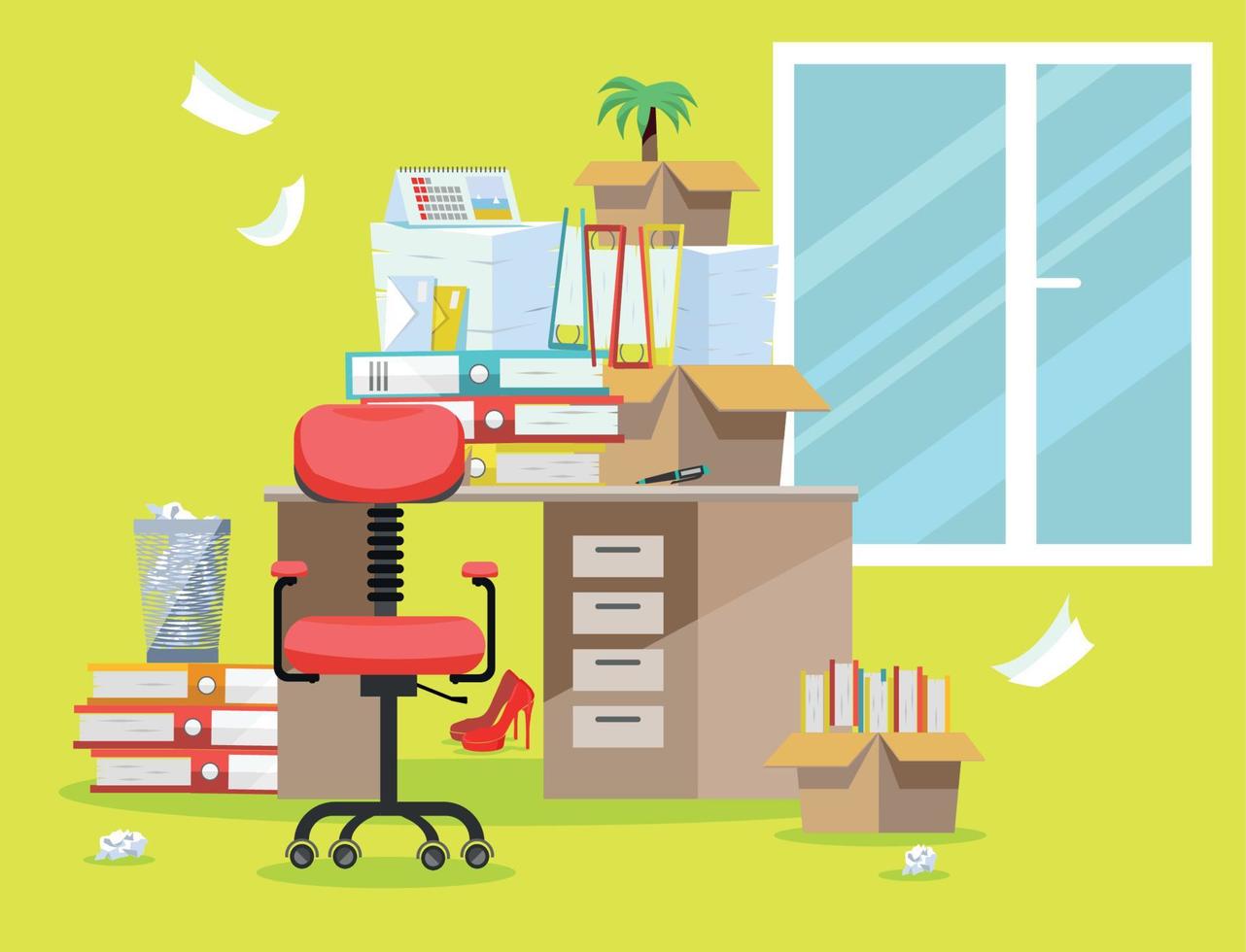Period of accountants and financier reports submission. Pile of paper documents and file folders in cardboard boxes on office table. Flat vector illustration windows, chair and waste-basket