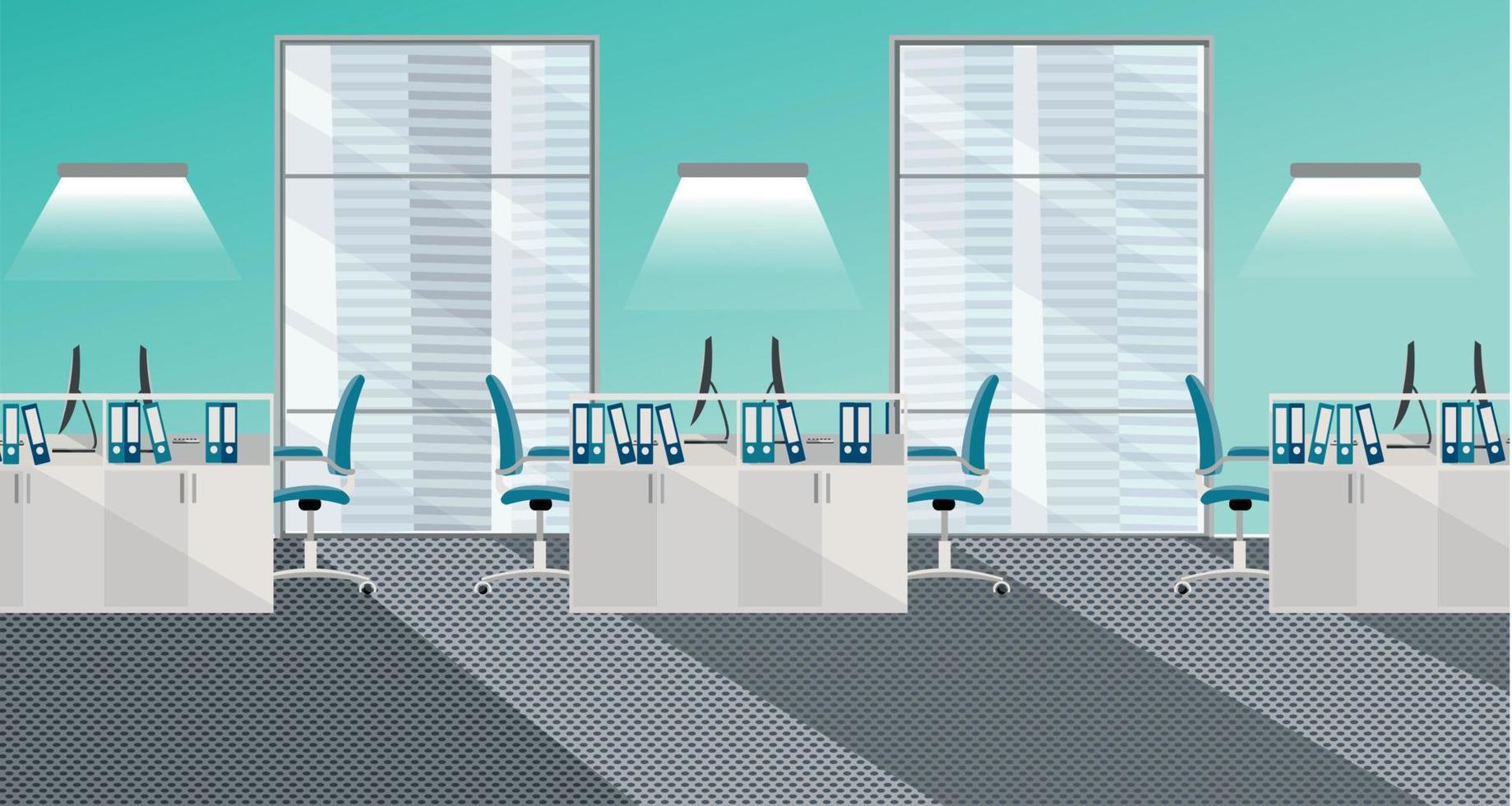 Flat vector illustration of modern office room interior with large windows in skyscraper with furniture and computers. Open space for 6 people. Order on tables, document folders, light from windows