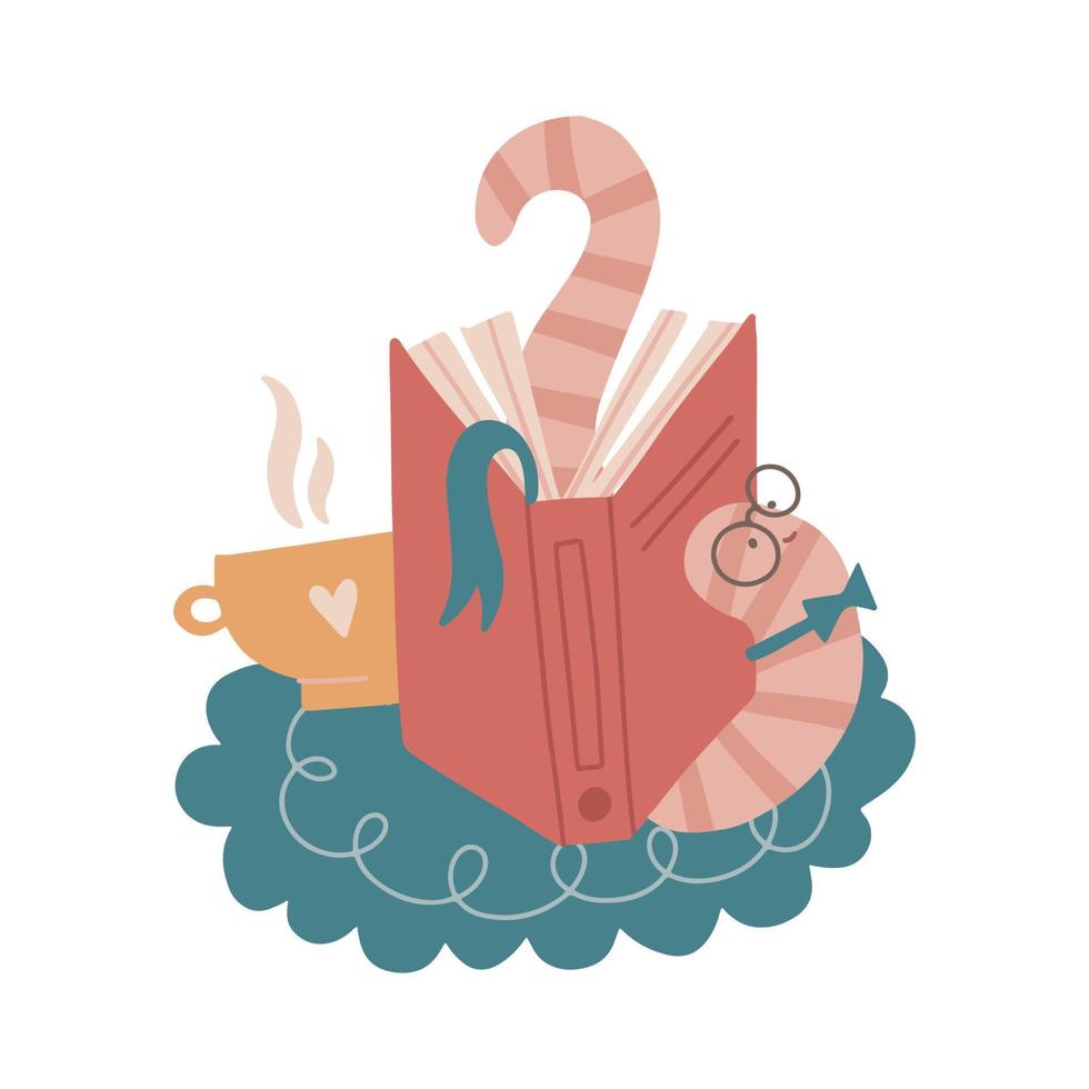 ratón de biblioteca cansado y divertido estirándose después de la lectura prolongada de un libro, estudiando. tarde en casa con una taza de té o café. ilustración vectorial dibujada a mano plana. vector