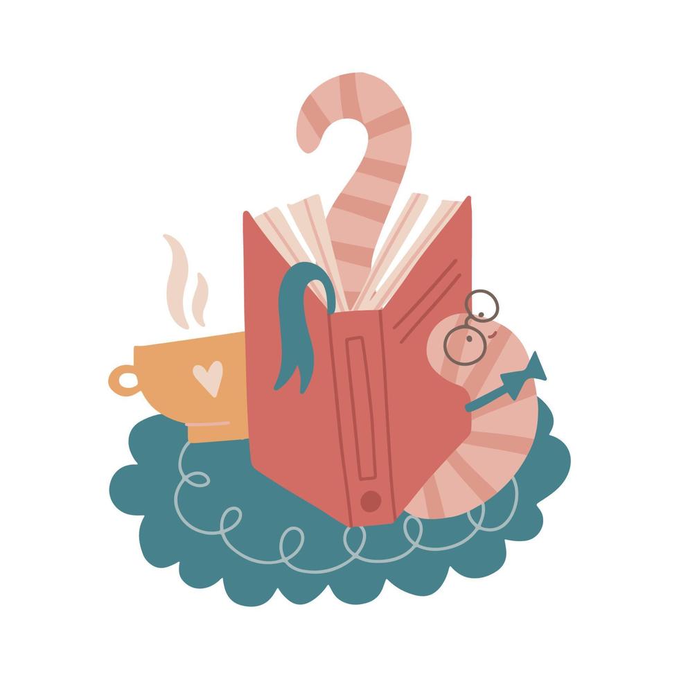 Tired funny bookworm stretching itself fter prolonged reading of a book, studying. Evening at home with cup of tea or coffee. Flat hand drawn vector illustration.