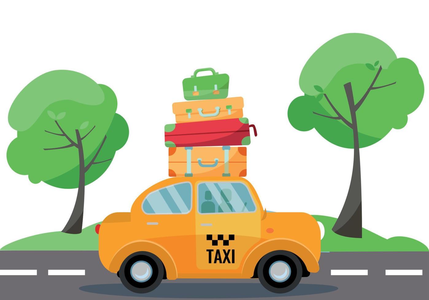 yellow taxi car with a stack of suitcases and luggage on the roof tpo drives on the road. Summer Landscape with green trees. Side view of the vehicle. Vector flat cartoon illustration