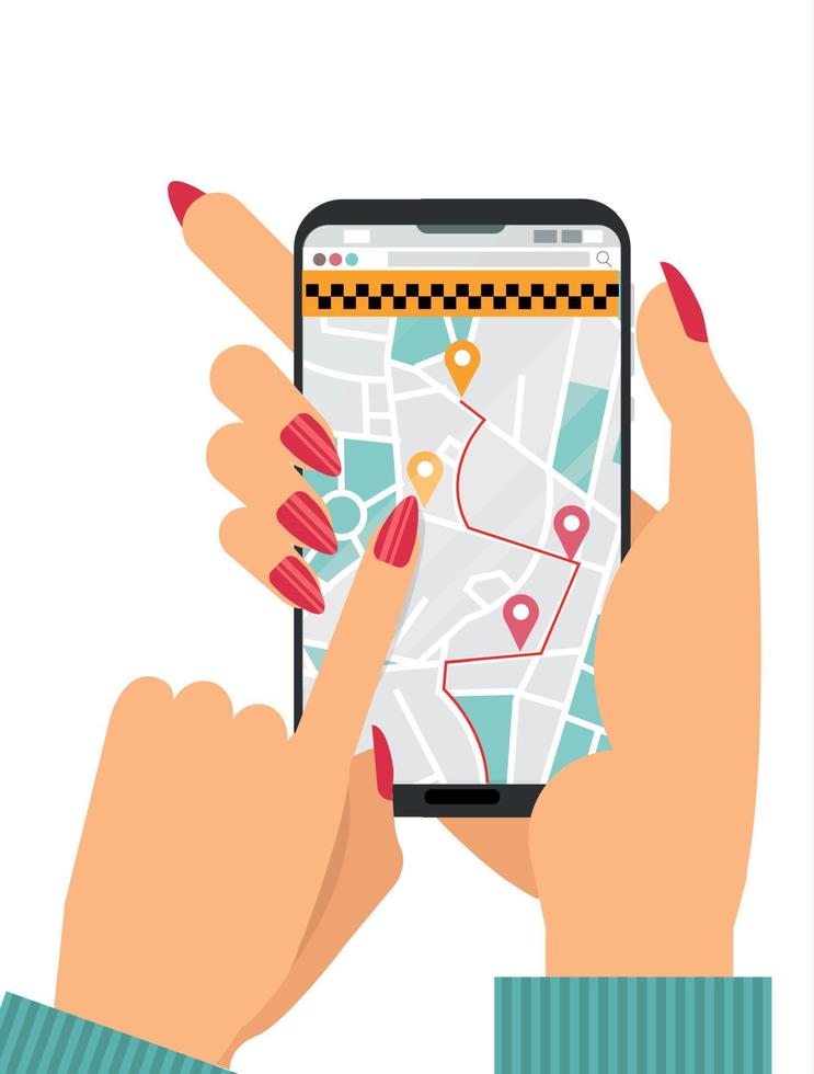 Woman's hands holding mobile phone with taxi app. City map with route and geolocation signs of taxi cars in screen.Taxi service. Hand push touchscreen and choose a car.Vector flat cartoon illustration vector