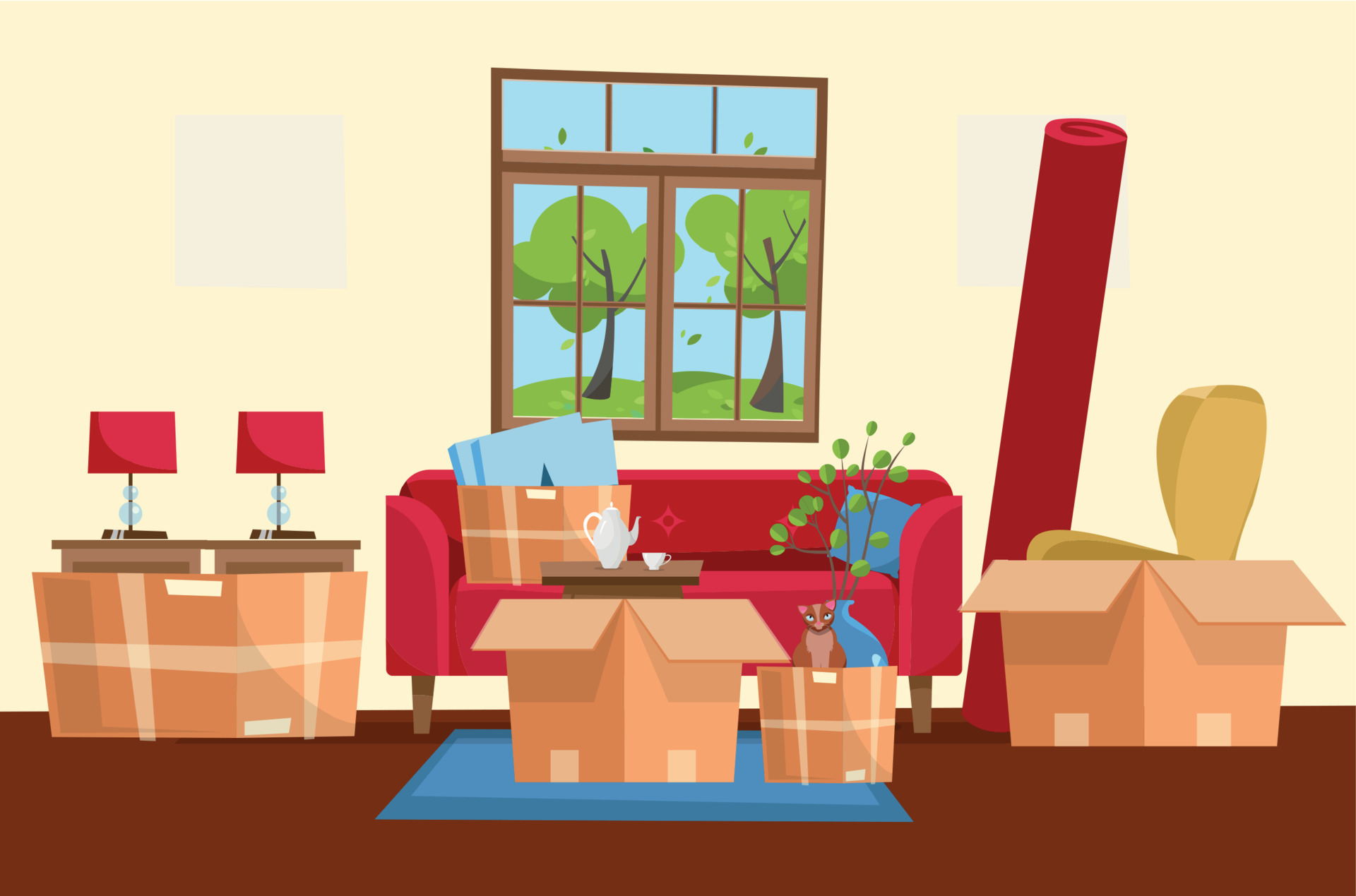 Moving concept of home interior with Paper cardboard boxes. Moving boxes in  new house. Family relocated to new home. Package for   flat cartoon style illustration 12492943 Vector Art at Vecteezy