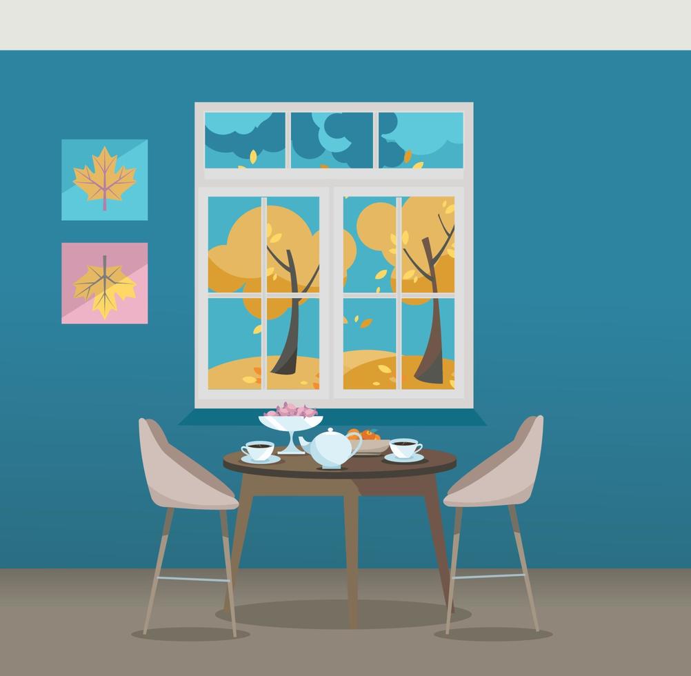 mesa de comedor de ilustración plana con sillas y tazas de café cerca de la ventana con vista otoñal y tees amarillos, ilustración vectorial colorida en estilo plano de dibujos animados sobre fondo turquesa. vector