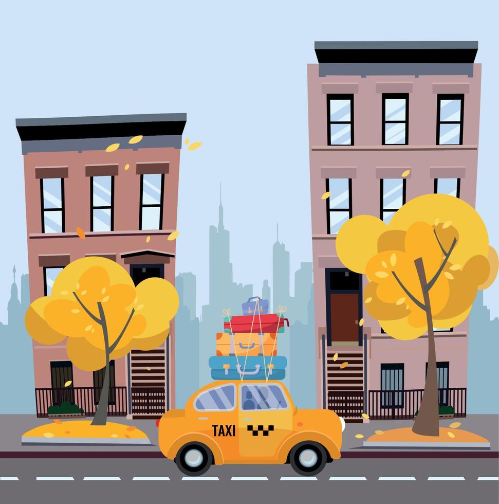 Cute yellow taxi with suitcases on the roof rides on a cozy city street with apartment buildings with the silhouette of skyscrapers in the distance. Autumn cityscape. Vector flat cartoon illustration