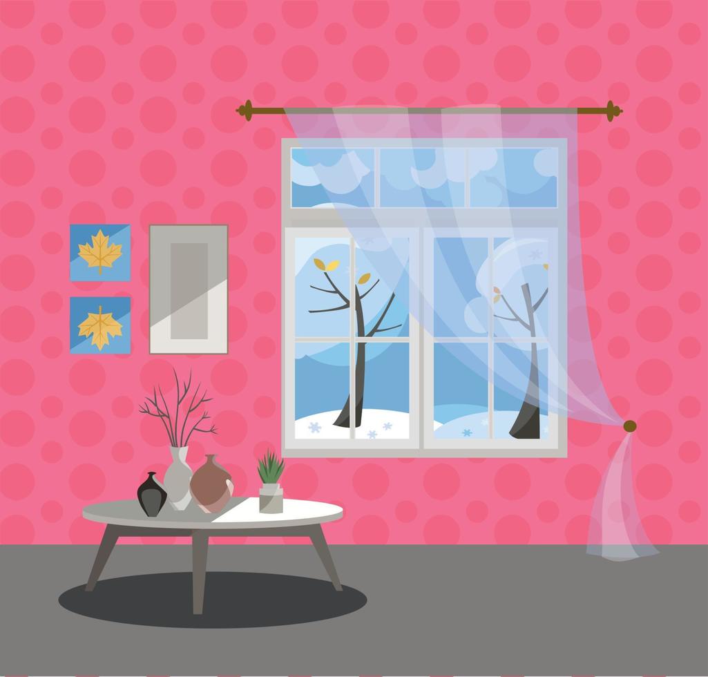 Window with a view of snow trees and flying snowflakes. Winter interior with a coffee table, vases, tulle, pink wallpaper. Sunny good weather outside. Flat cartoon style vector illustration.