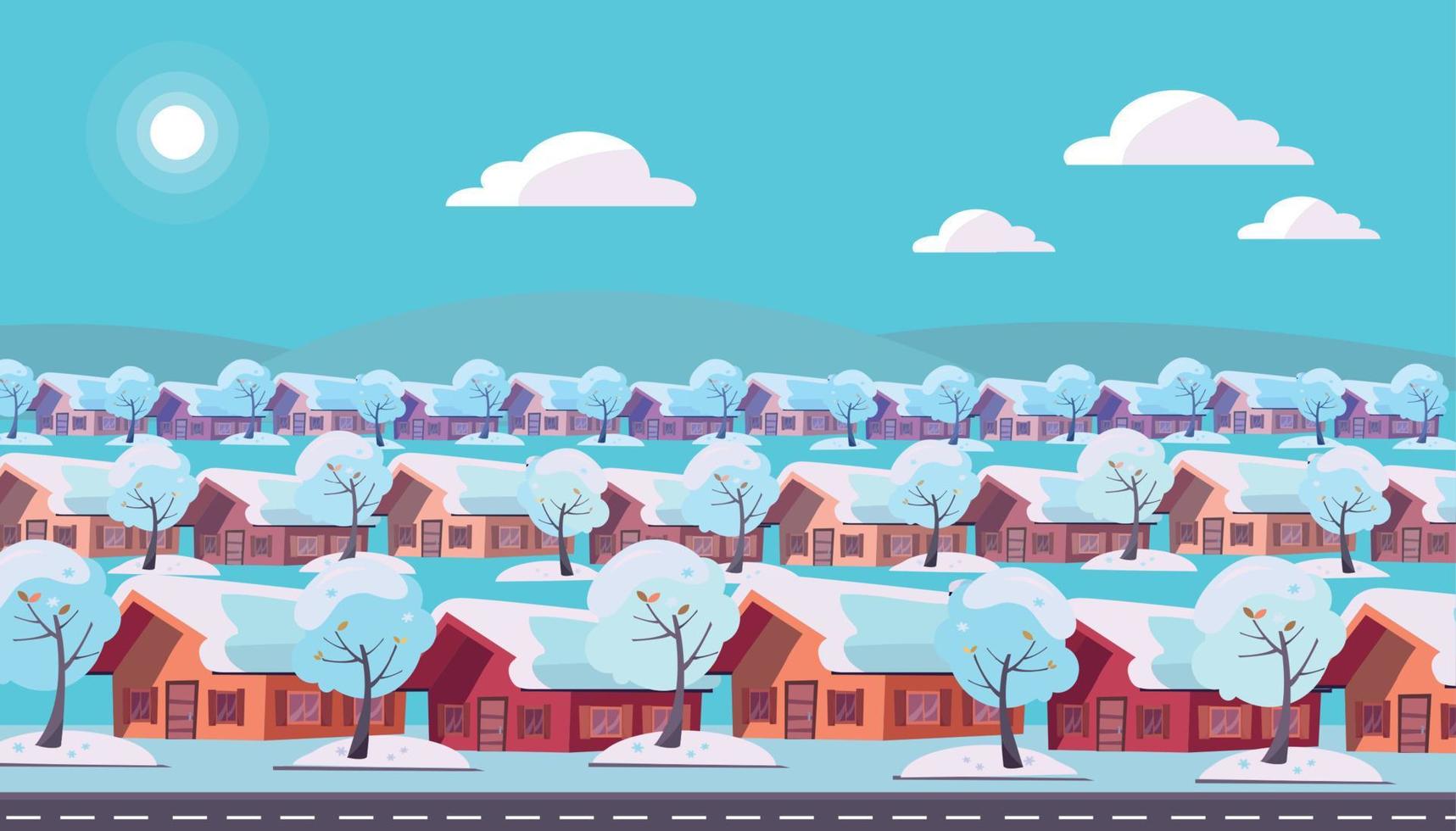 Panoramic landscape of suburban one-story village. Same houses are located in three rows. Winter snow sunny weather and snow-covered trees outside. Flat cartoon style vector illustration