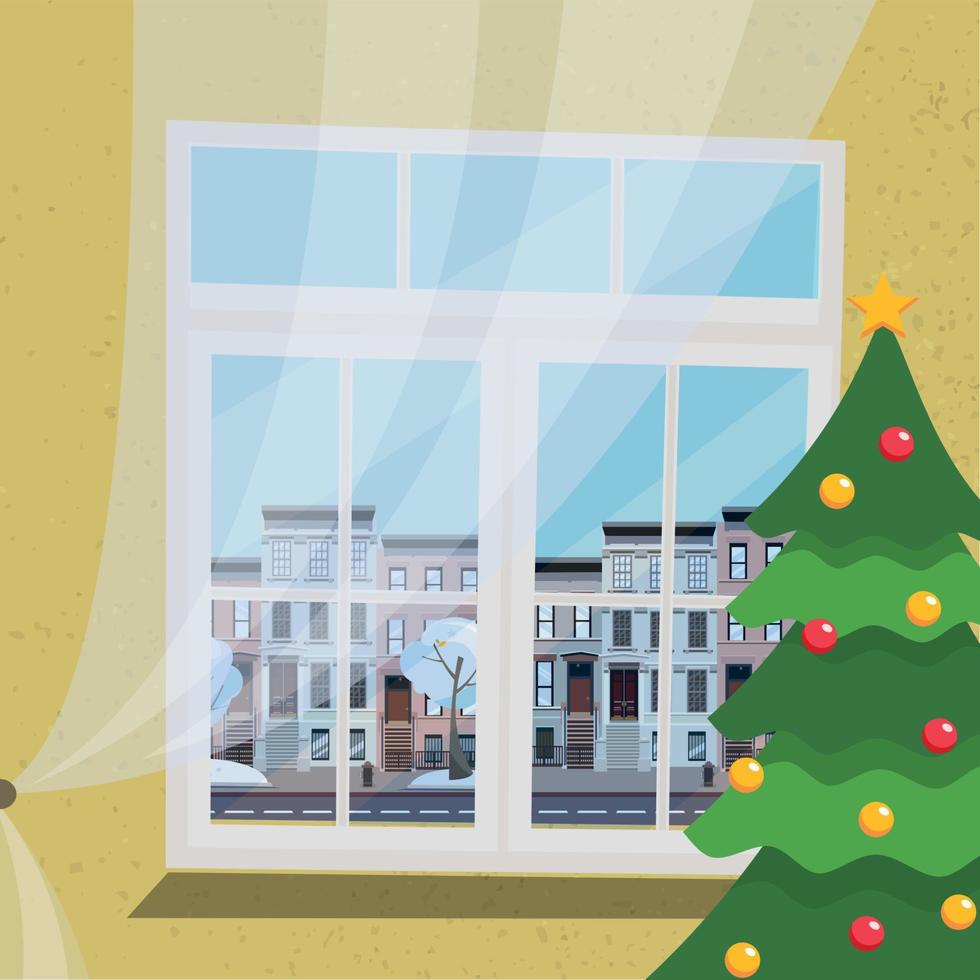 A new-year flat interior with a decorated Christmas tree, standing next to a large white plastic window with a drawn tulle with a view of the city s elegant landscape, low-rise apartment buildings. vector