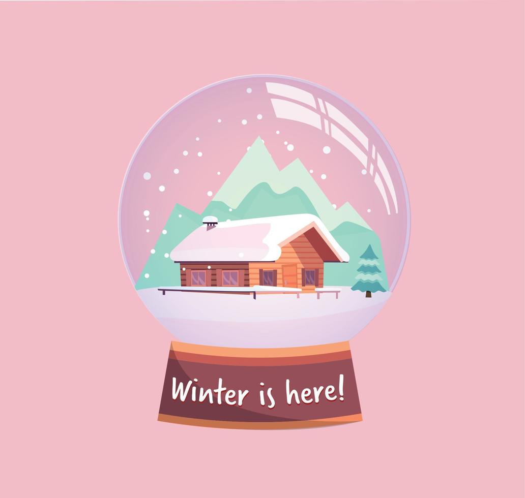 Winter is here snow globe with a small house, mountains and fir-tree under the snow. New Year gift. Winter snowy landscape with snowflakes flat vector illustration in pink mint colors