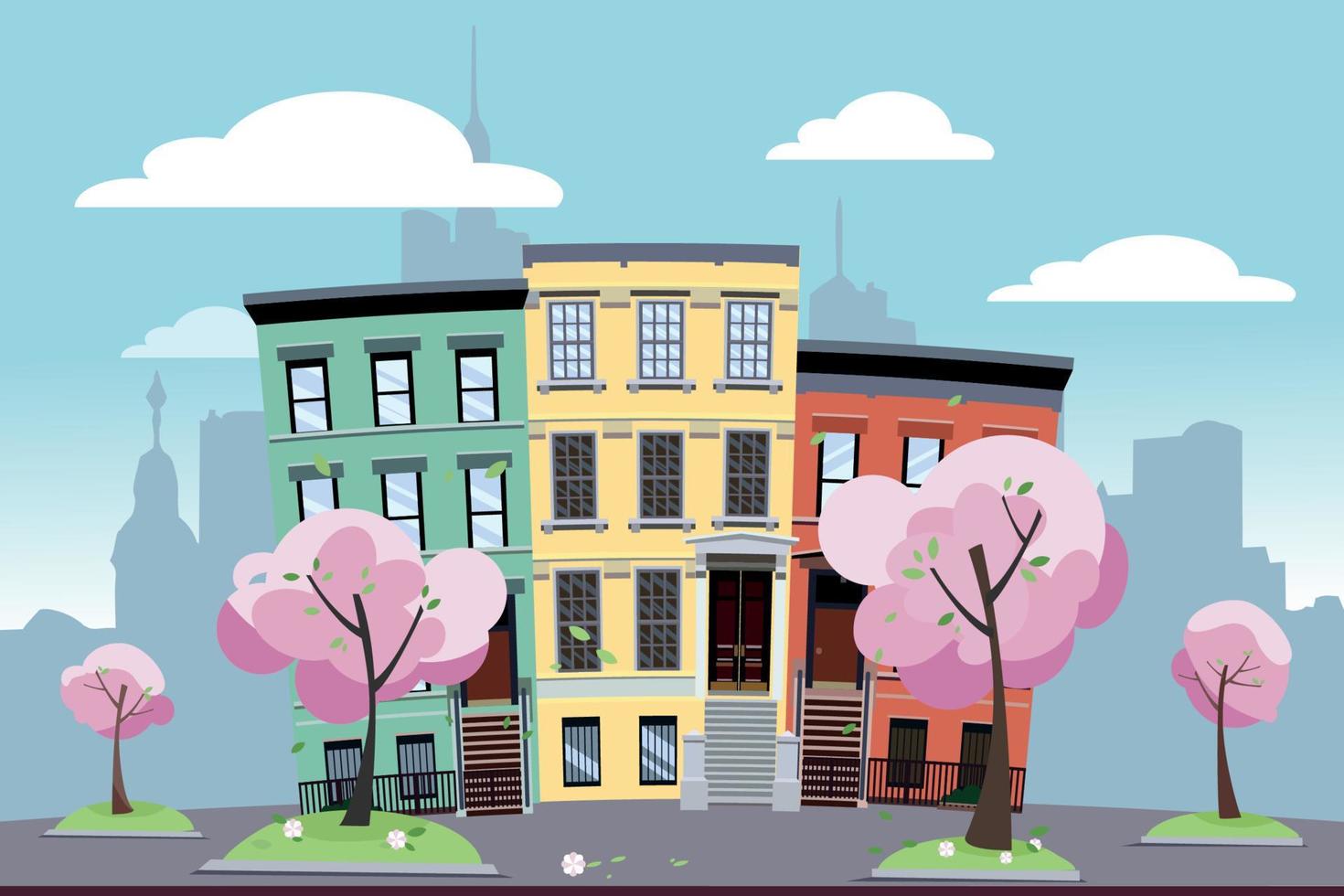 Funny multi-colored low city apartment buildings on the background of a big city. In front of the houses are blooming spring trees on green lawns. Flat cartoon vector illustration