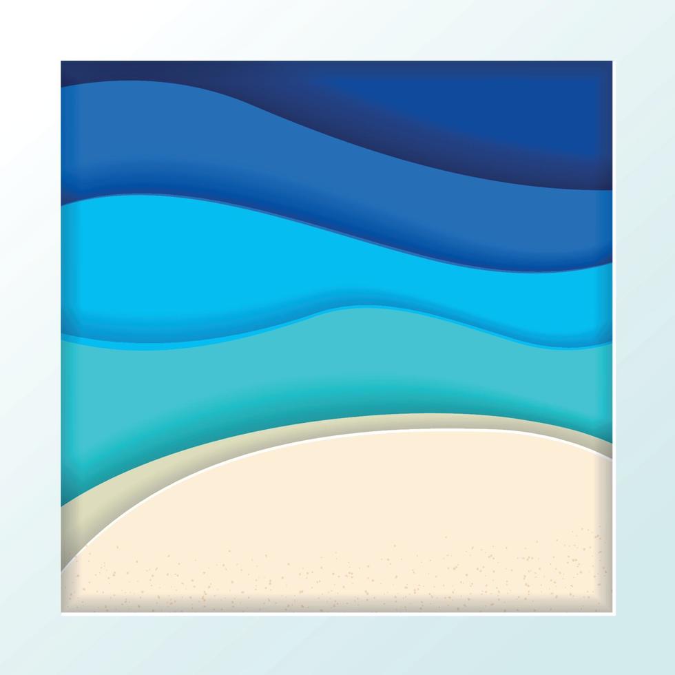 Abstract blue turquoise maldivian ocean and beach summer background with paper waves and textured seacoast. Tropical sea gradient paper wave and seacoast in white paper frame. Vector illustration