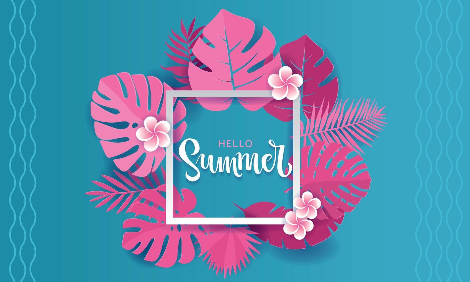 Pink monstera palm leaves aroung white square frame with hand lettering hello Summer Banner design in paper cut style. Origami plants with frangipani flowers. Summertime jungle floral background. vector