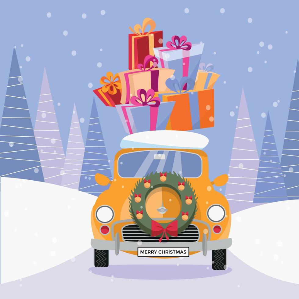 Flat vector cartoon illustration of retro car with presents and christmas tree on the top. Little classic yellow car carrying gift boxes on its rack. Vehicle is located in front, decorated with wreath