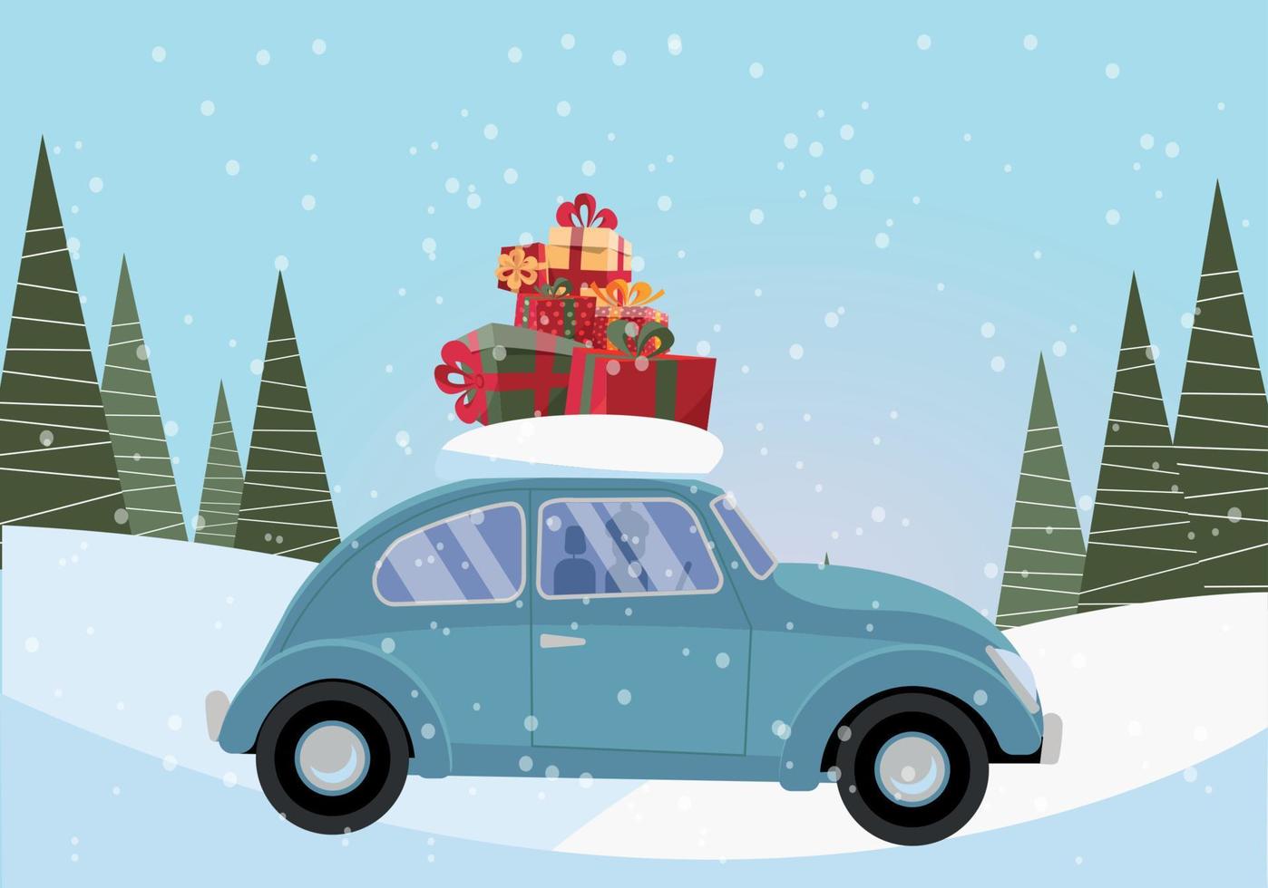 Flat vector cartoon illustration of retro car with present on the roof. Little classic blue car carrying gift boxes on its rack. Vehicle car side view. Snow-covered landscape with firs and snowdrift