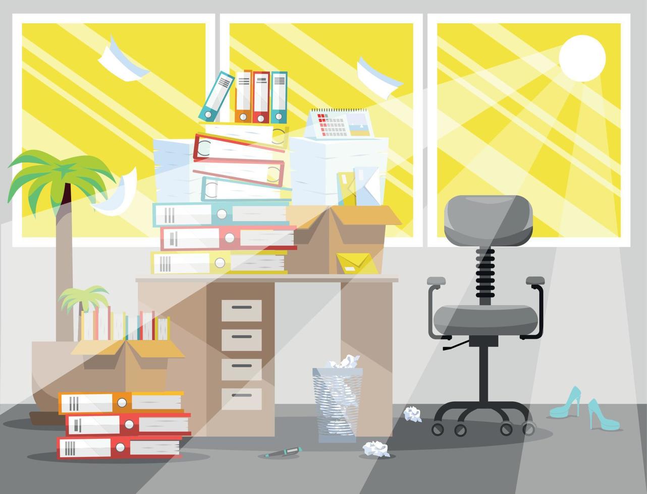 Summer Period of accountants and financier reports submission. Pile of paper documents and file folders in cardboard boxes on office table. Flat vector illustration windows, chair and waste-basket